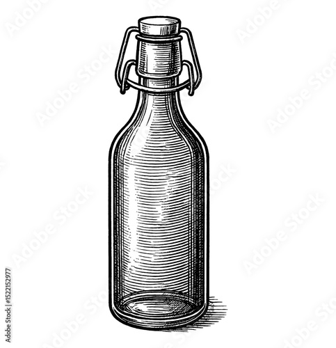 Detailed Engraving of an Empty Glass Bottle with Wire Swing Top for Drinks on White