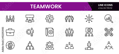 Collaborative vector web line icons illustrating teamwork, unity, cooperation, group dynamics, and collective success in professional settings.