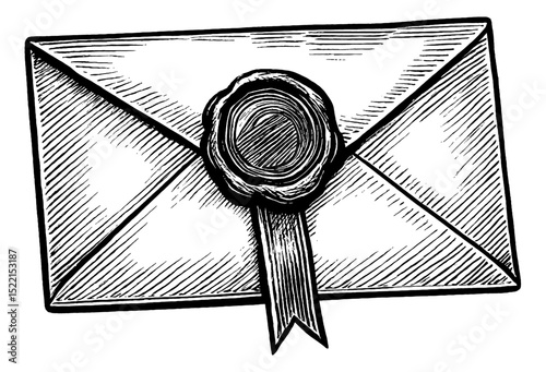 Elegant Envelope with Wax Seal in Detailed Black and White Engraving Style