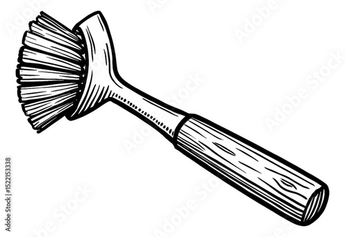 Detailed Line Art Illustration of a Wooden Brush with Bristles in Black and White