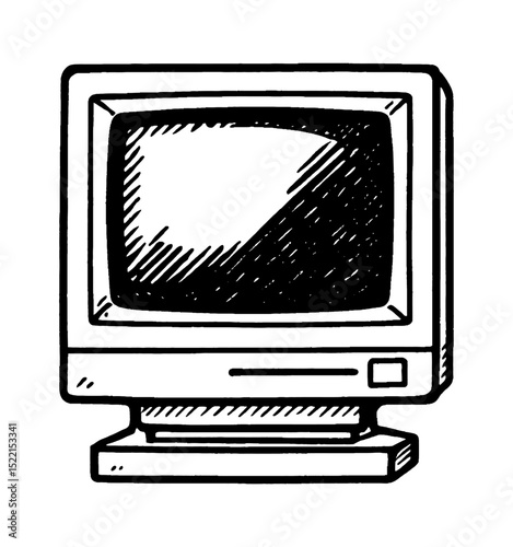 Illustration of an old computer screen monitor with line art drawing style