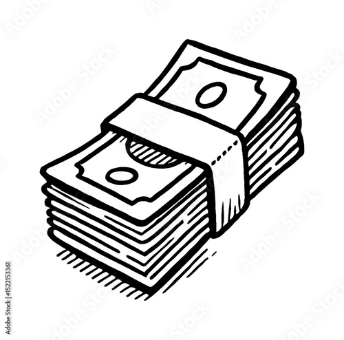Stack of United States Dollar Bills Tied with a Band in Black and White Illustration