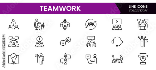 Collaborative vector web line icons illustrating teamwork, unity, cooperation, group dynamics, and collective success in professional settings.