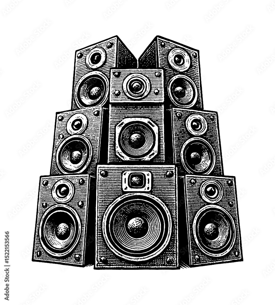 Φωτογραφία Stack of Loud Speakers Music System in Black and White Detailed Engraving Style