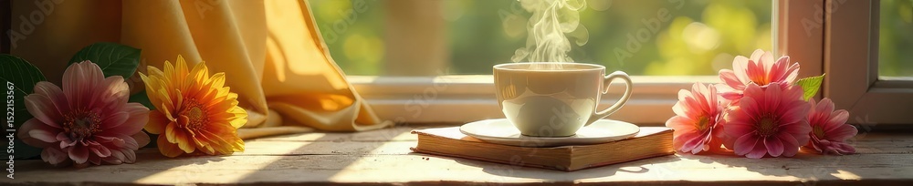 A steaming cup of Happiness Tea sits beside a book and blooming flowers, sunlight streaming through a nearby window Perfect for relaxation and well-being , steam, optimism, delicious A steaming cup of Happiness Tea sits beside a book and blooming flowers, sunlight streaming through a nearby window Perfect for relaxation and well-being , steam, optimism, delicious