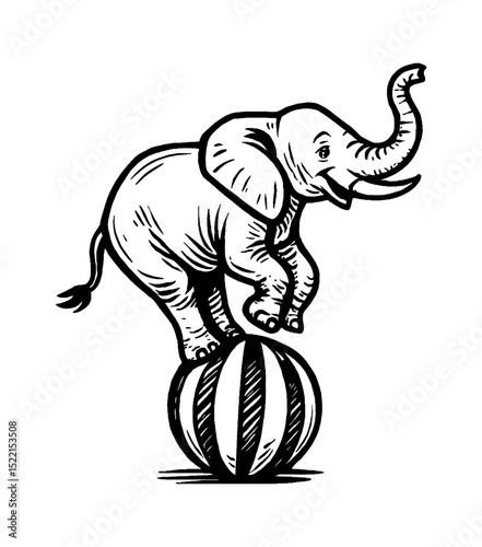 Elephant Balancing on Striped Ball Black and White Engraving Style Illustration