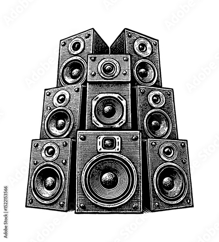 Stack of Loud Speakers Music System in Black and White Detailed Engraving Style