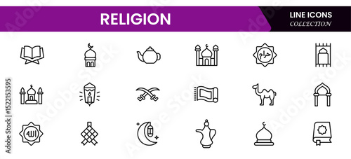 Sacred vector web line icons depicting religious symbols, faith, spirituality, worship, and diverse cultural beliefs with reverence.