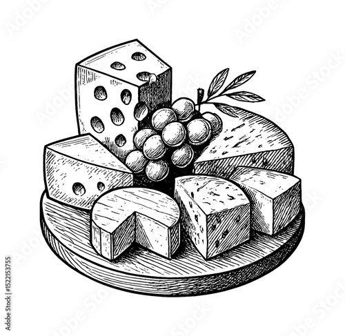 Variety of Cheese with Grapes on a Wooden Board in Detailed Black and White Engraving Style