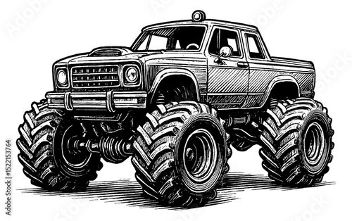 Monster Truck Illustration with Oversized Tires in Black and White Engraved Style