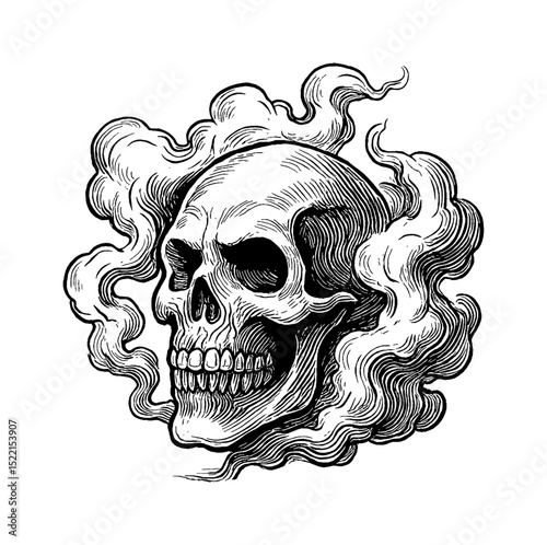 Detailed engraving of a skull surrounded by swirling smoke on white background