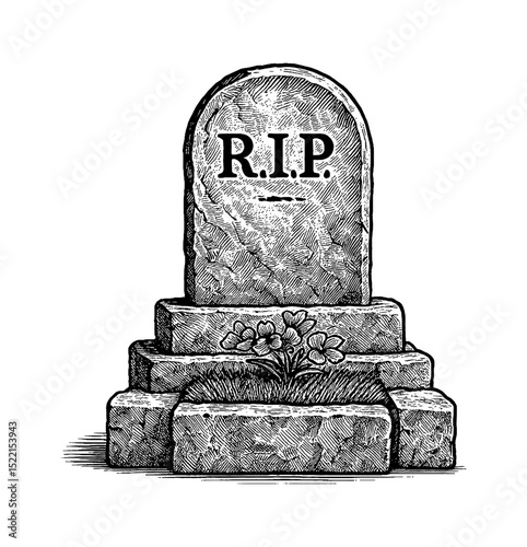 Engraved Image of a Tombstone with RIP Inscription and Flowers, Simple Classic Memorial Grave