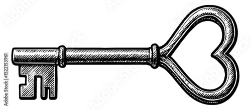 Antique Key with Heart Shaped Bow, Engraved Style in Black and White, Vintage Drawing