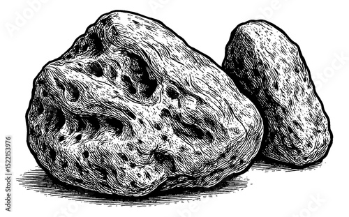 Engraved Illustration of Two Rocks with Detailed Texture and Shading