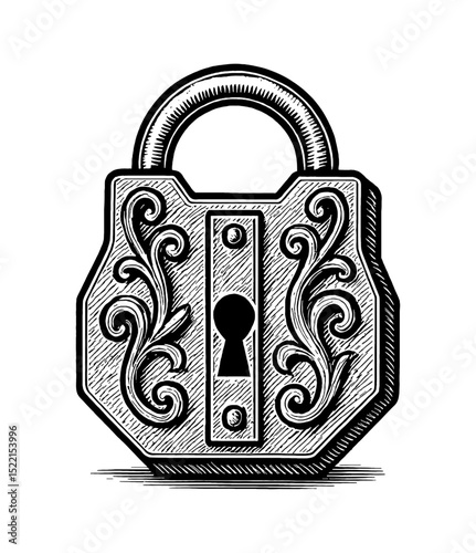 Ornate Black and White Engraved Padlock with Keyhole and Decorative Swirls