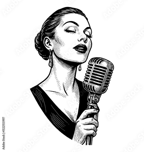 Woman Singing into Microphone with Eyes Closed in Detailed Black and White Engraving