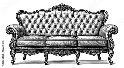 Detailed Engraved Illustration of a Luxurious Three Seater Sofa with Cushions