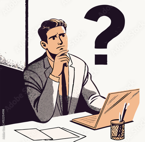 Businessman Thinking at Desk with Laptop and Question Mark
