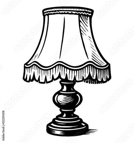 Elegant Table Lamp with Shade Detailed Engraving Style Black and White Art