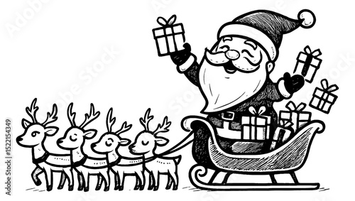 Santa Claus Riding Sleigh Pulled by Reindeer Holding Gift Boxes, Joyful Festive Black and White Illustration