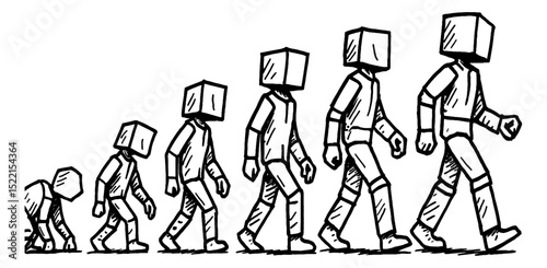 Evolution of Walking Box Headed Figures in Black and White Line Art Illustration