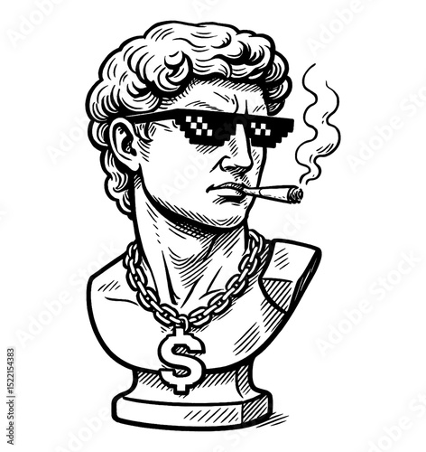 Bust of David Wearing Pixel Sunglasses and a Dollar Sign Necklace Smoking a Joint