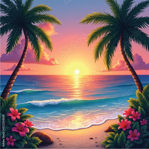 Free Download of Summer Ocean View Background - Summer Vacation Background – Free Vector Template for Download - Sunset at the Beach – Free Summer Background in Vector