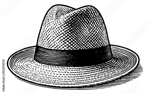 Vintage Black and White Hat with Detailed Crosshatch Pattern and Ribbon Accent