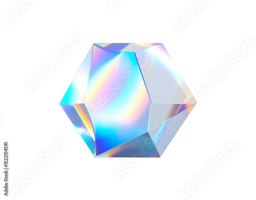 Iridescent Icosahedron Geometric Prism with Rainbow Reflections and Crystal Clear Edges