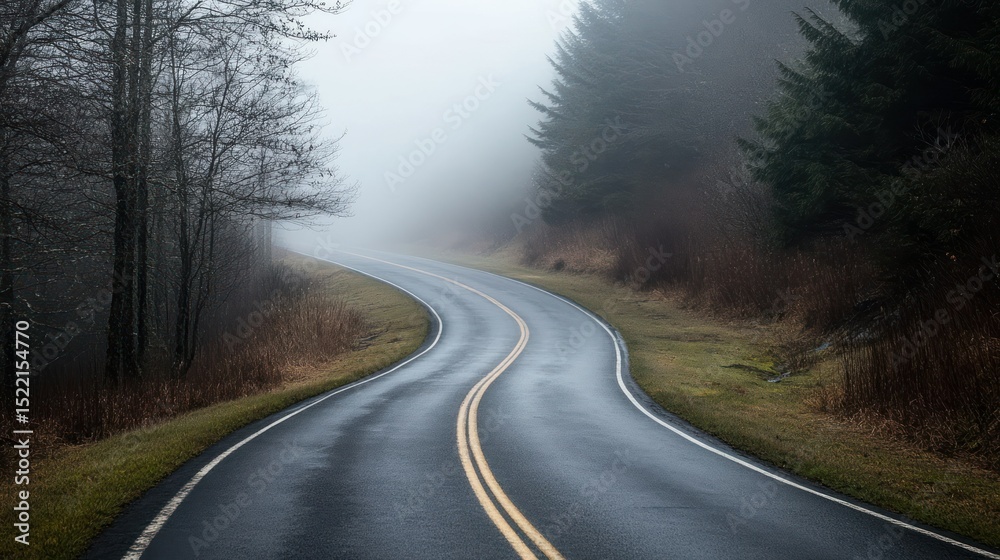 Fototapeta premium A winding road through the woods in a hazy atmospheric environment