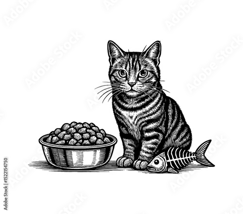 A Striped Cat Sitting Beside a Bowl of Cat Food and Fish Skeleton Engraving Style Illustration