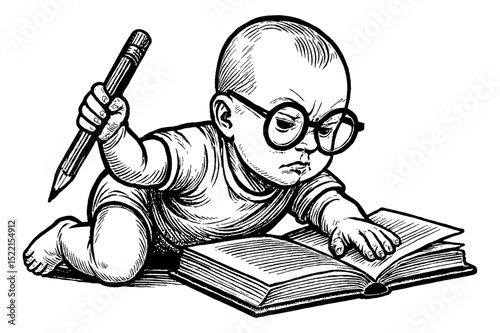 Illustration of a Baby Wearing Glasses Reading a Book and Holding Pencil in Hand
