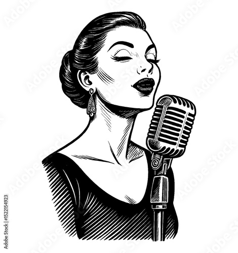 Elegant Woman Singing into Microphone with Eyes Closed in Detailed Black and White Illustration