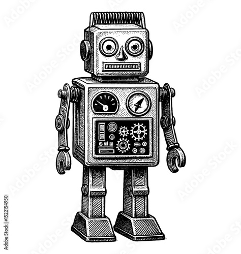 Detailed Vintage Engraving of Standing Robot with Gears and Gauges on White