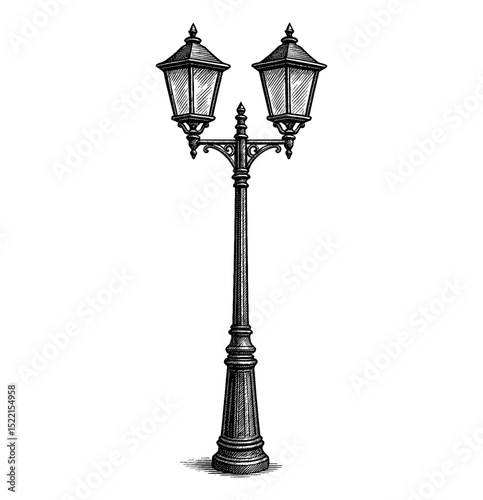 Engraved Illustration of a Vintage Double Street Lamp on a White Background