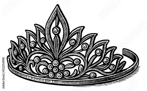 Detailed Black and White Engraving of a Royal Crown with Floral and Gemstone Decoration