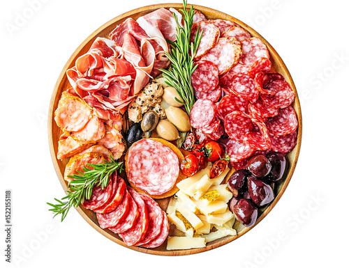 Italian charcuterie board with rosemary and olives isolated on transparent PNG photo
