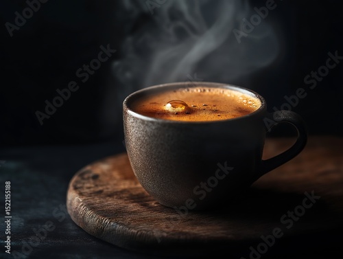 Steaming Espresso in Rustic Cup on Dark Wood, Coffee Crema Closeup