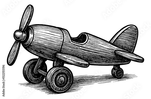 Illustration of a Toy Airplane Side View Isolated on White Background with Detailed Line Art
