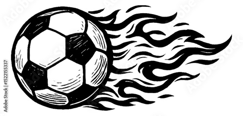 A Soccer Ball with Flames Vector Illustration in Black and White Engraving Style