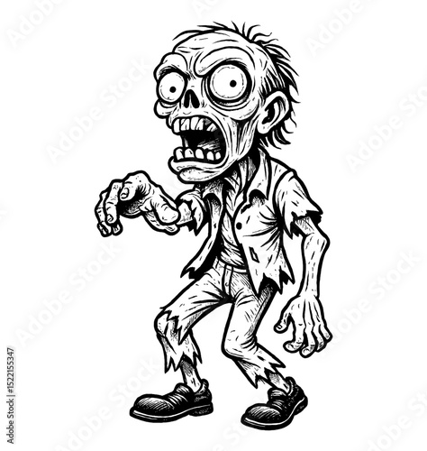 Cartoon Zombie Illustration with Open Mouth, Frightening Expression, Black and White Outline