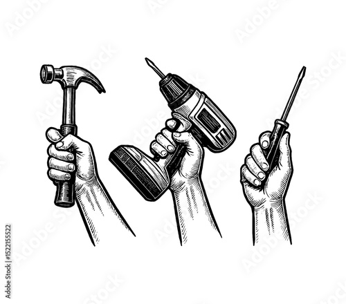 Illustration of Hands Holding Hammer Drill and Screwdriver in Engraving Style