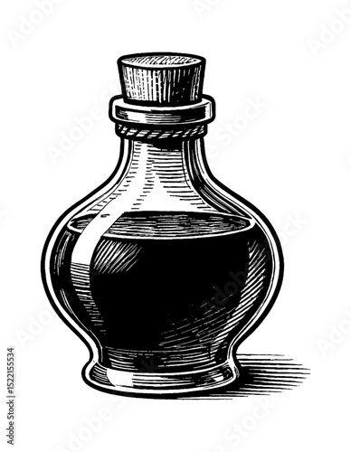 Vintage Bottle with Dark Liquid and Cork Stopper Detailed Black and White Engraved Style