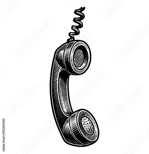 Retro Telephone Handset with Cord in Black and White Engraved Illustration Style