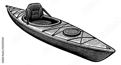 Detailed Engraving of a Kayak on White Background in High Angle View