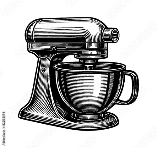 Detailed Engraved Illustration of a Kitchen Stand Mixer Appliance in Black and White