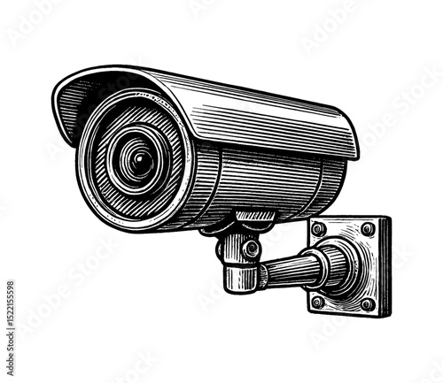 Black and White Illustration of a Security Camera in Detailed Engraving Style, Surveillance Concept