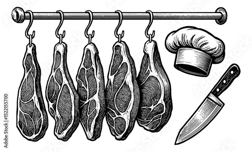 Black and White Illustration of Meat Cuts Hanging with Knife and Chef Hat