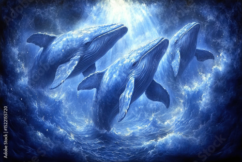 Three majestic whales glide gracefully through the deep blue sea, illuminated by ethereal beams of light, an ode to the ocean's grandeur.
