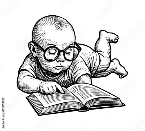 Baby with Glasses Lying Down Reading a Book Illustration in Black and White